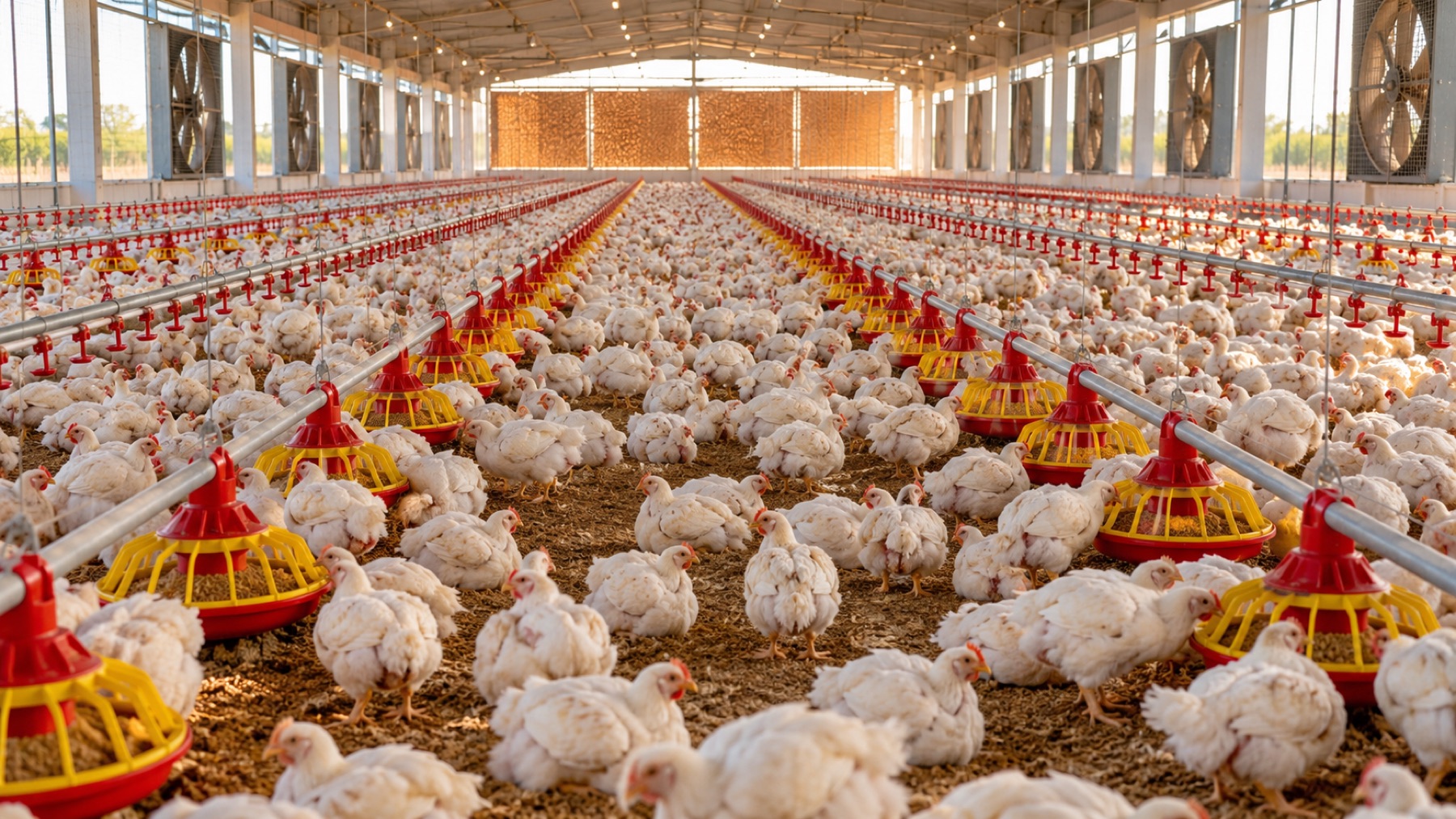 Inside a modern controlled broiler house
